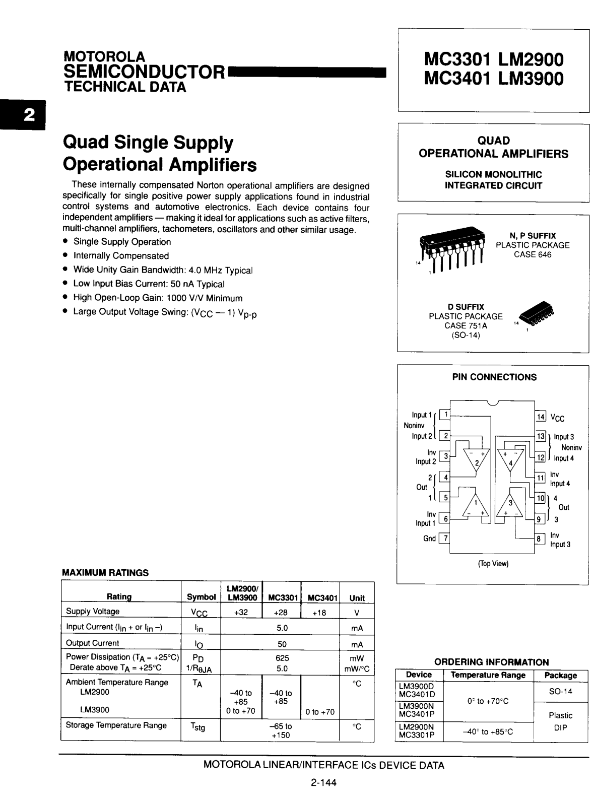 MOTOROLA MC3301, LM2900, MC3401, LM3900 Technical data