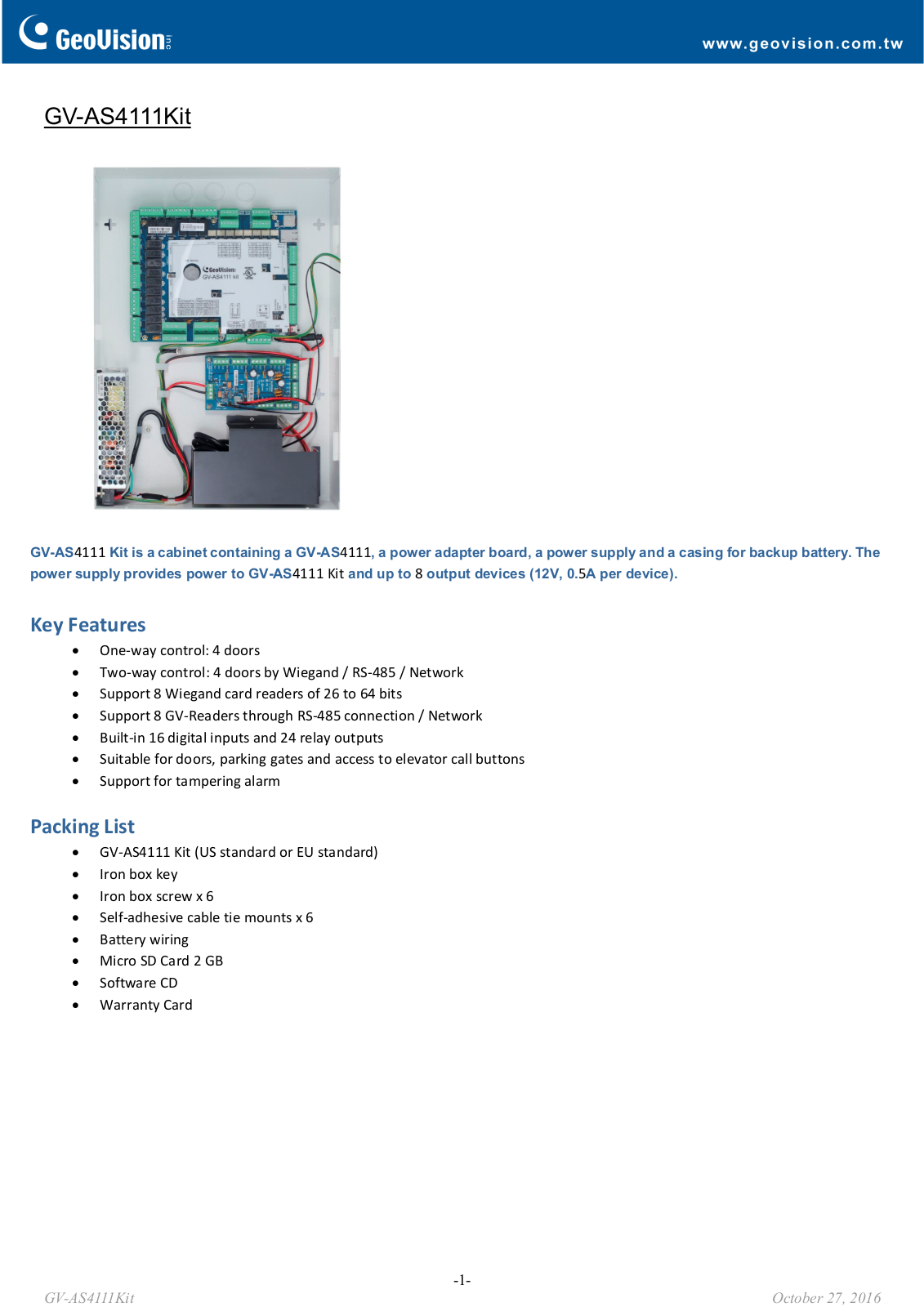 Geovision GV-AS4111-KIT Specsheet