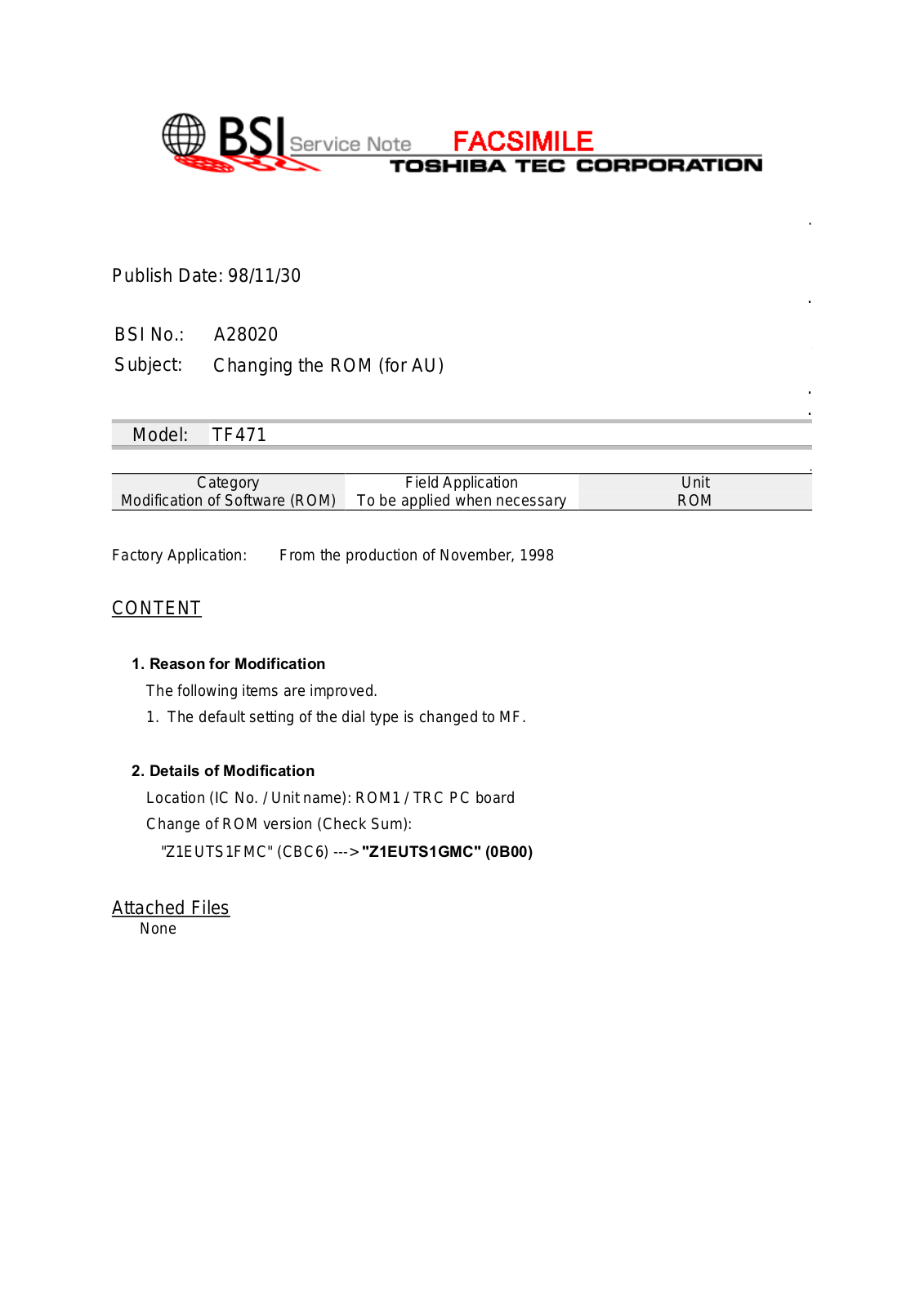 Toshiba A28020 Service Note