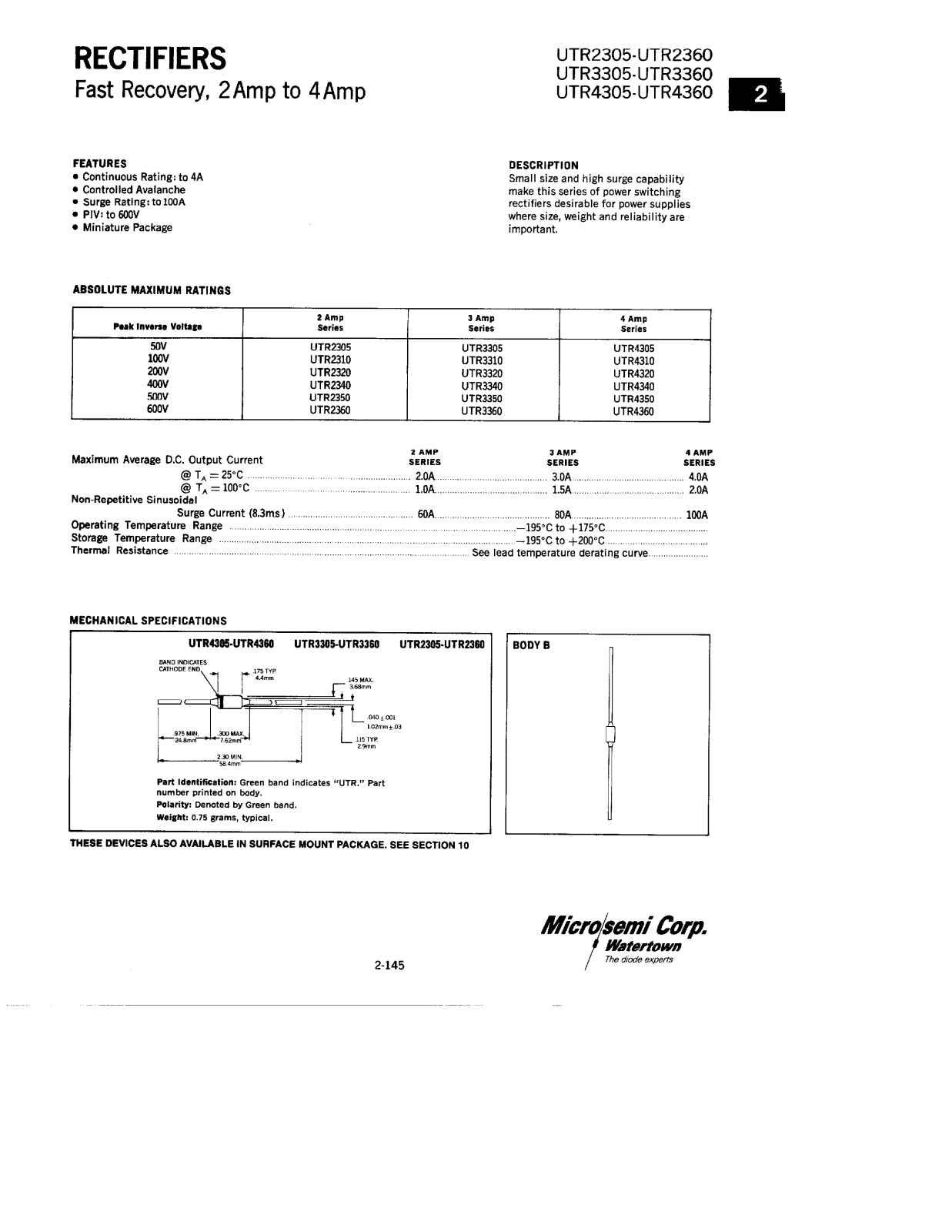 Microsemi UTR2360, UTR2350, UTR2340, UTR2320, UTR2310 Datasheet