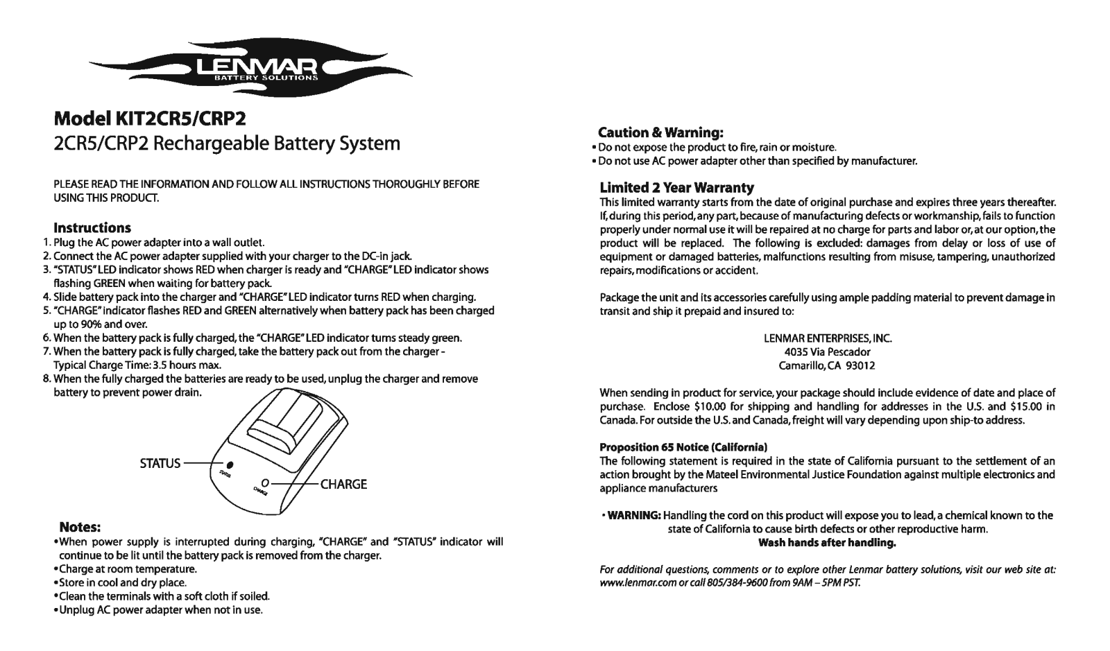 Lenmar Enterprises KIT2CR5, KIT2CR2 User Manual