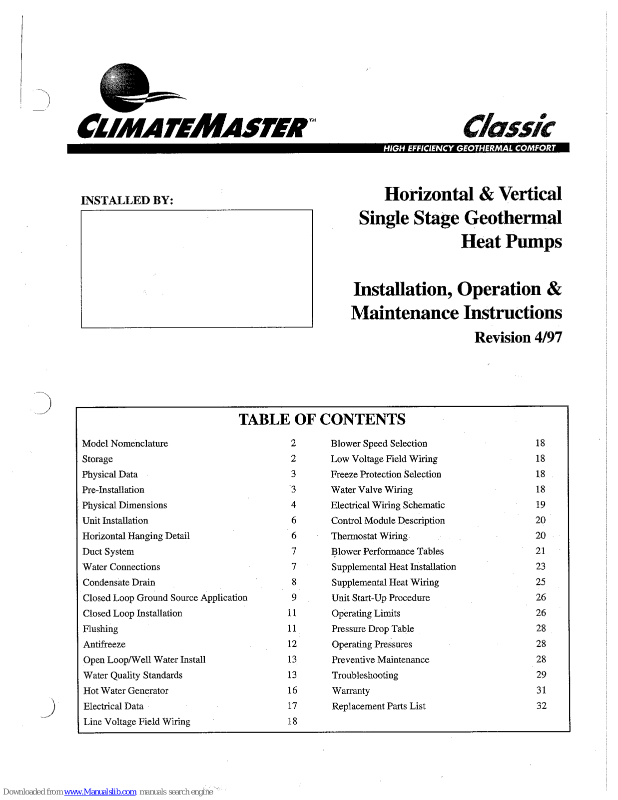 ClimateMaster VP030, VP036, VP042, VP048, VP060 Installation, Operation, & Maintenance Instruction