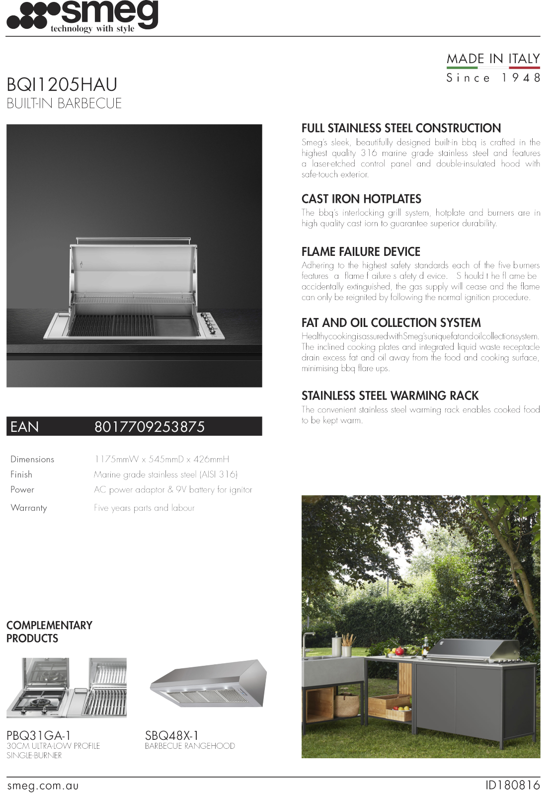 Smeg BQI1205HAU Specifications Sheet