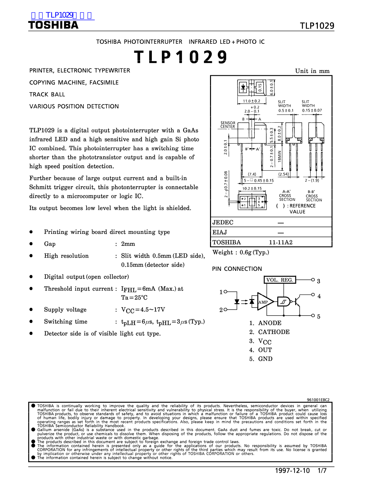 TOSHIBA TLP1029 Technical data