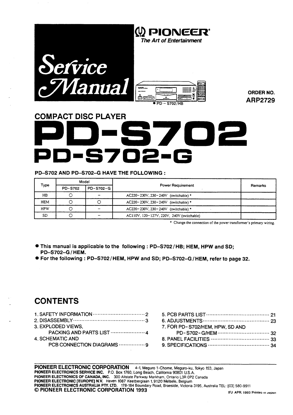 Pioneer PDS-702, PDS-702-G Service manual