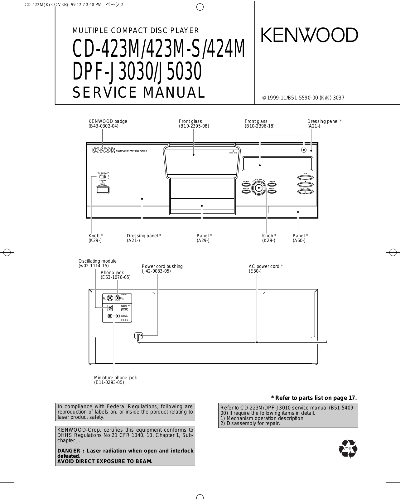 Kenwood CD-423M, CD-423M-S, CD-424M, DPF-J3030, DPF-J5030 Service Manual