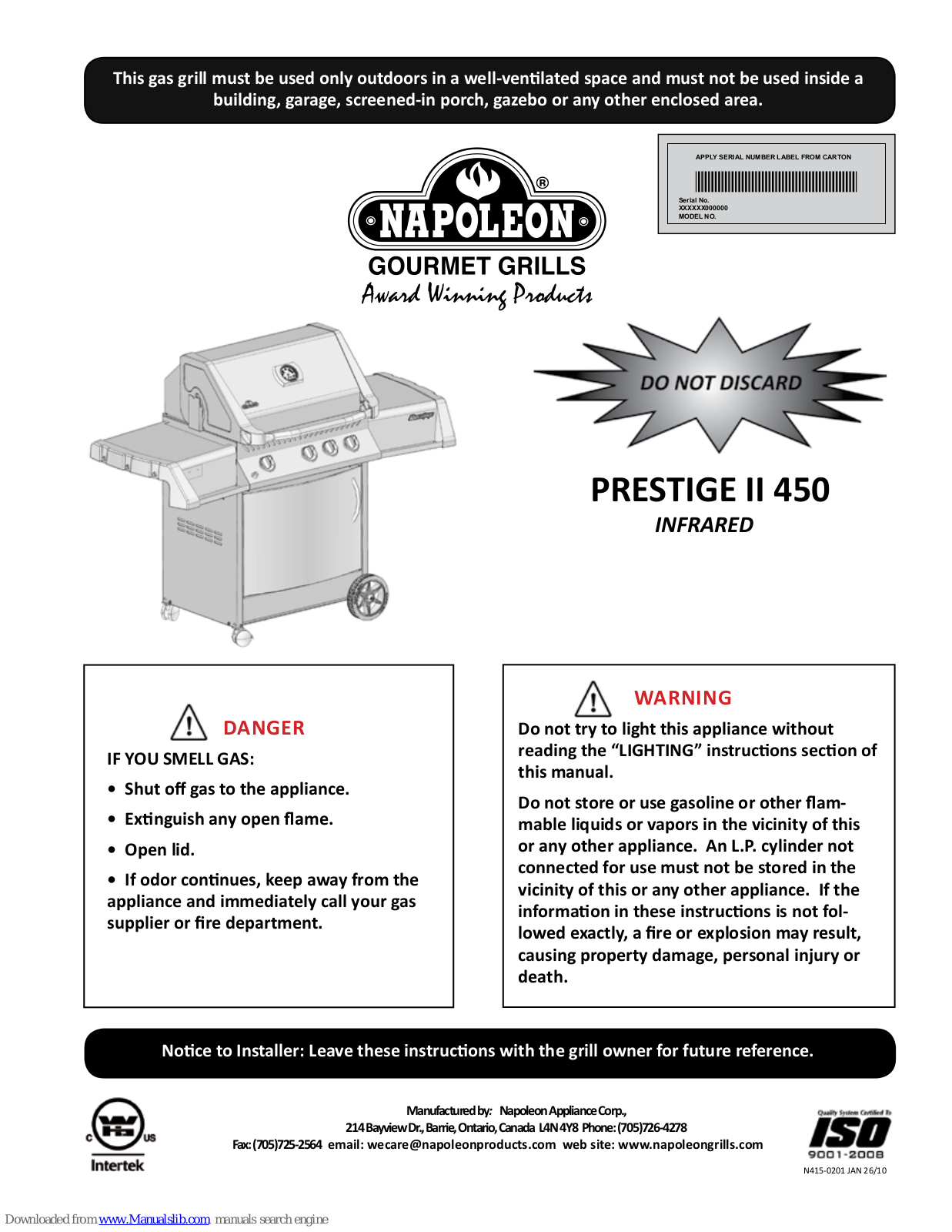 Napoleon PRESTIGE II 450, PRESTIGE II 750, Ultra chef UD405RSB Instructions Manual