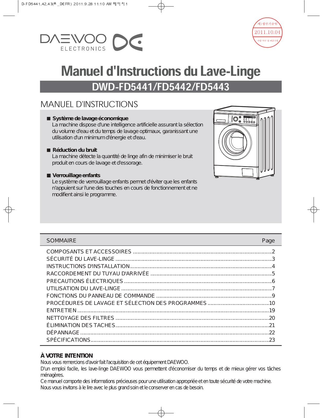 DAEWOO DWDFD5441, DWDFD5442, DWD-FD5443 User Manual