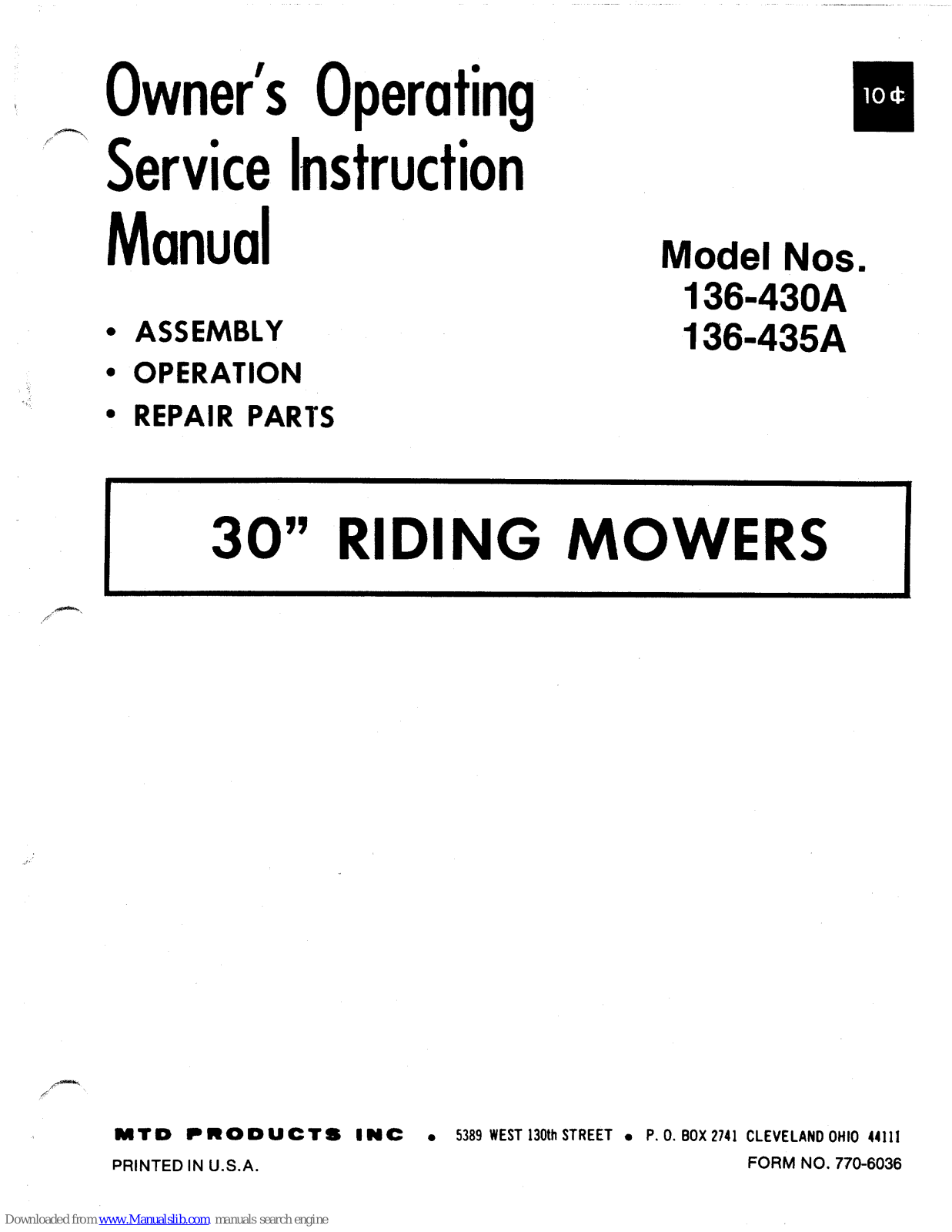 MTD 136-430A, 136-435A Owner's Operating Service Instruction Manual