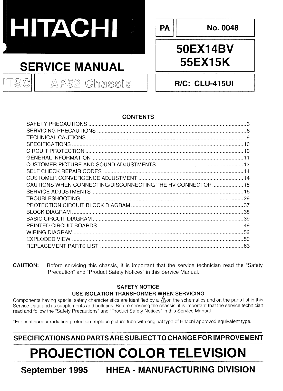 Hitachi AP52, 55EX15K, 50EX14BV Service Manual