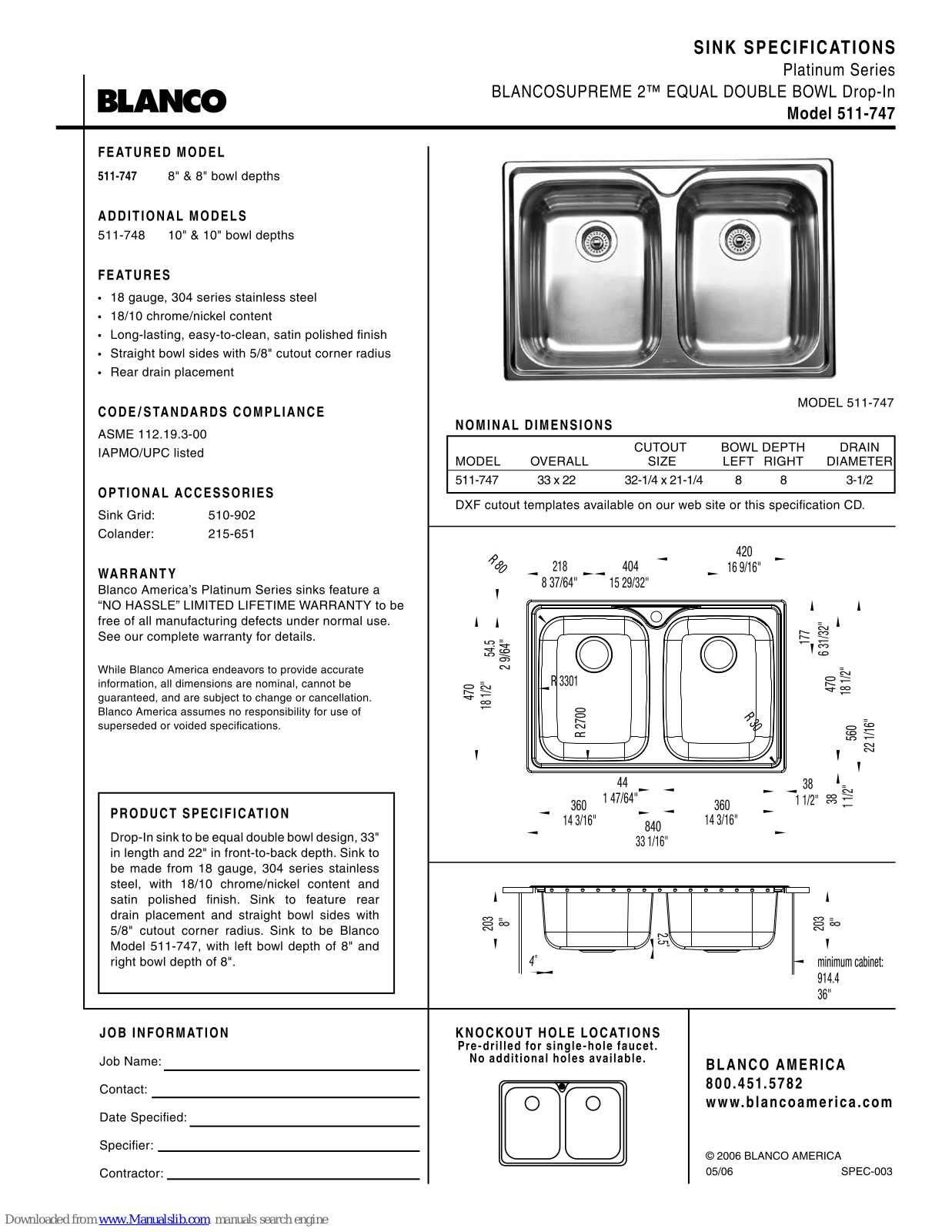 Blanco 511-748 Specifications - ManualMachine.com