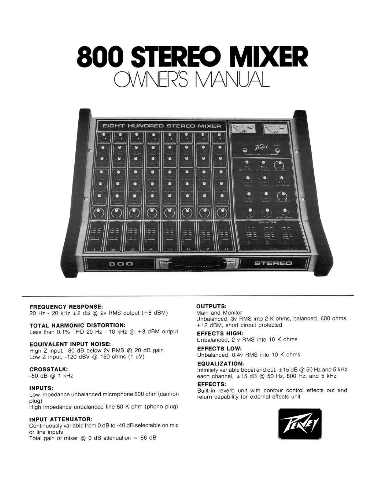 Peavey 800 STEREO MIXER owners Manual