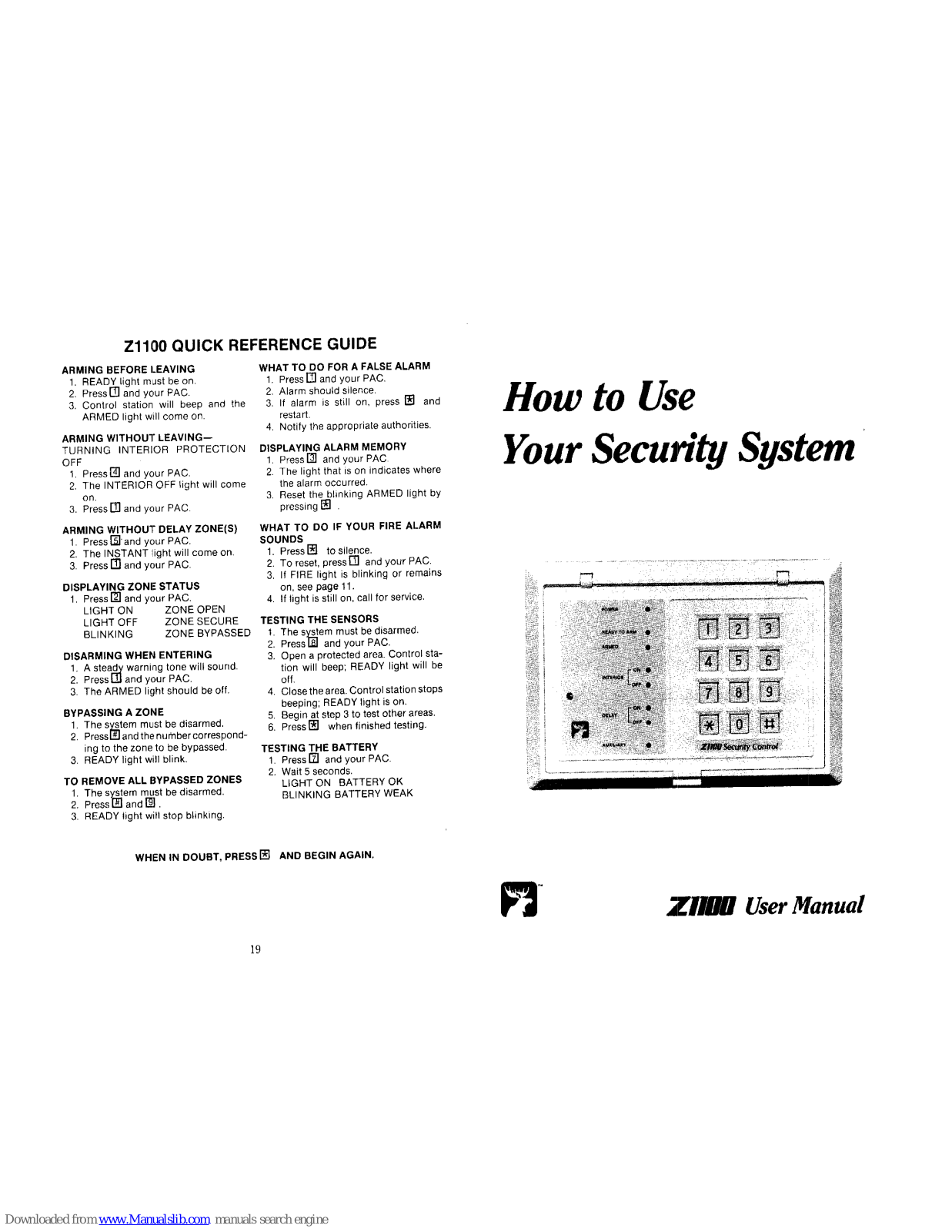 Holmes Z1100 Quick Reference Manual