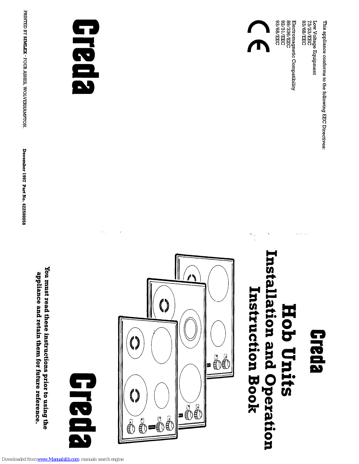 Creda 42293, 42294, 42229, 42300, 42295 Installation And Operating Instructions Manual