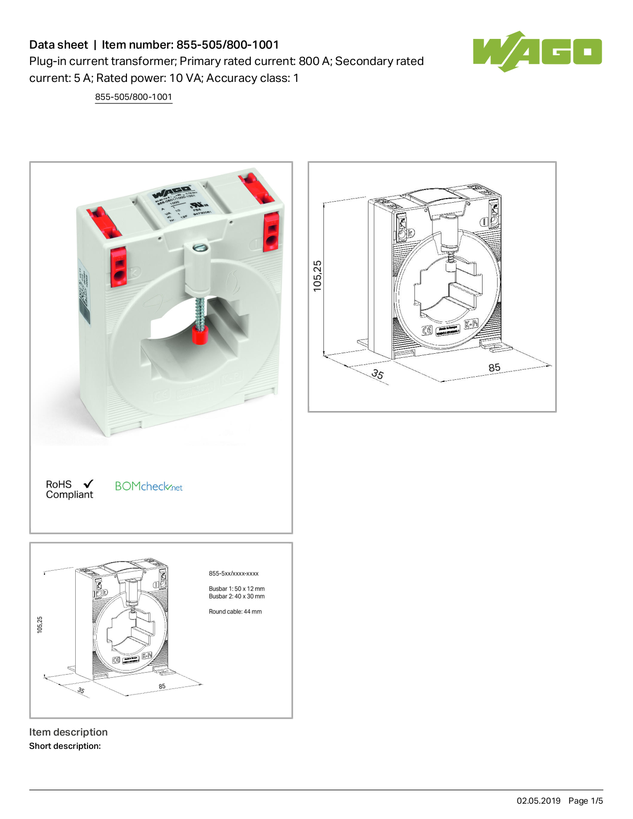 Wago 855-505/800-1001 Data Sheet