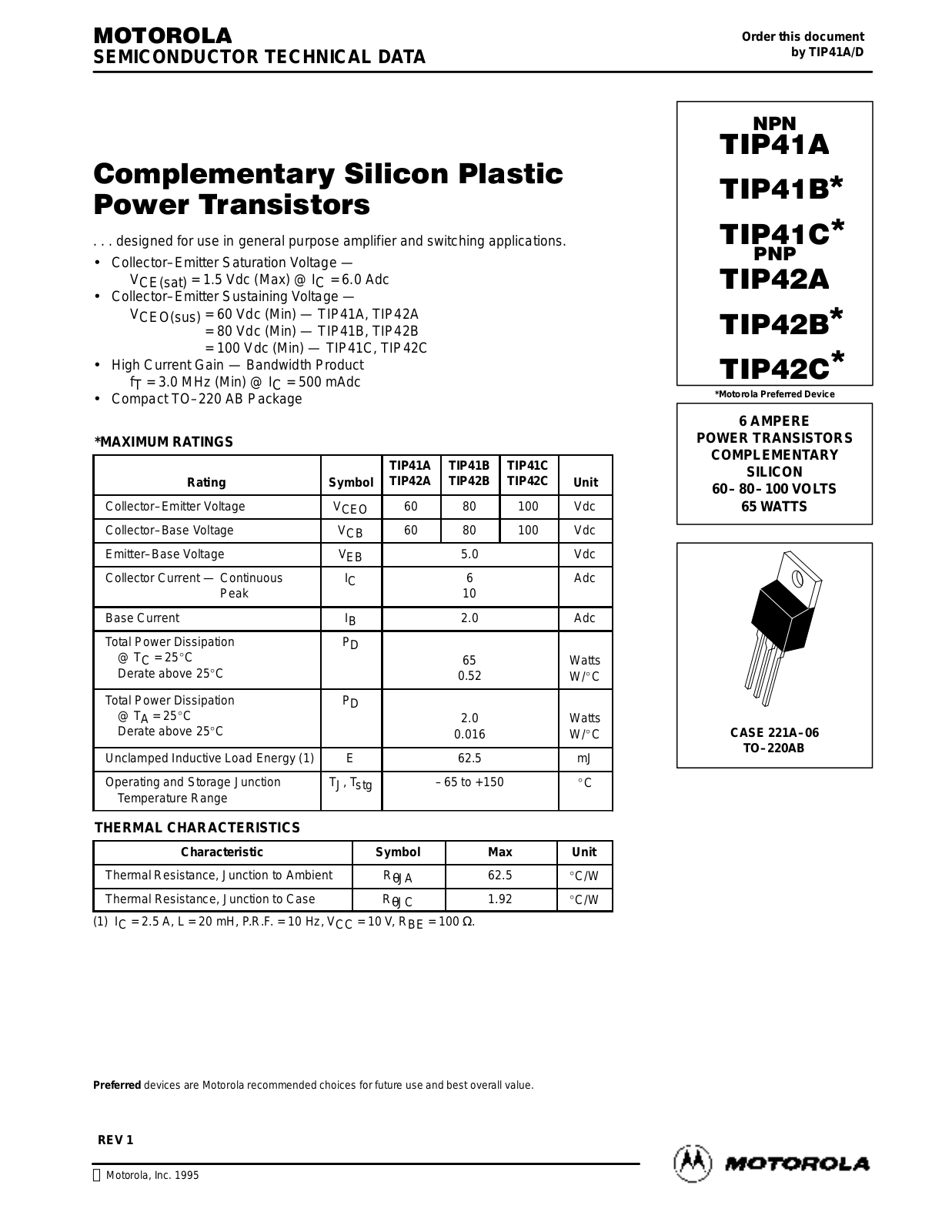 Motorola TIP42B, TIP42A, TIP42C, TIP41C, TIP41B Datasheet