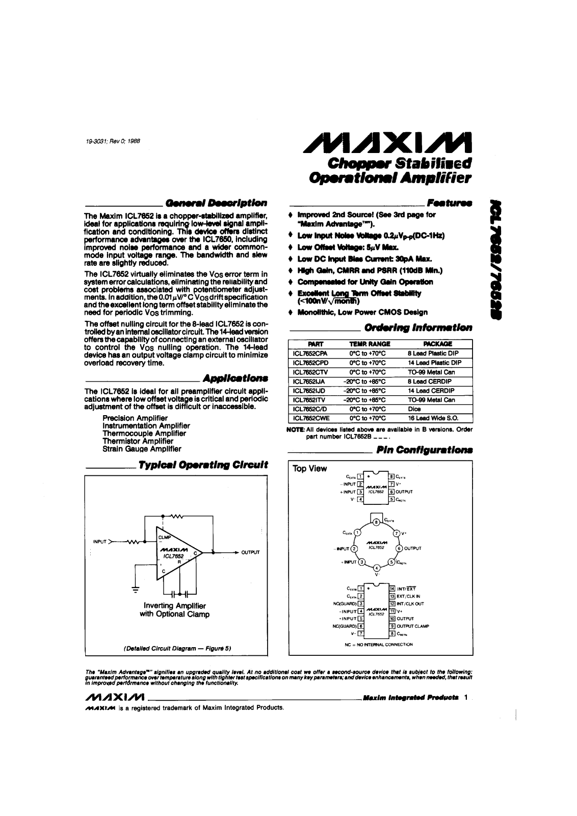 Maxim Integrated Producs ICL7652BCPA, ICL7652BCPD, ICL7652BCTV, ICL7652BCWE, ICL7652BIJA Datasheet