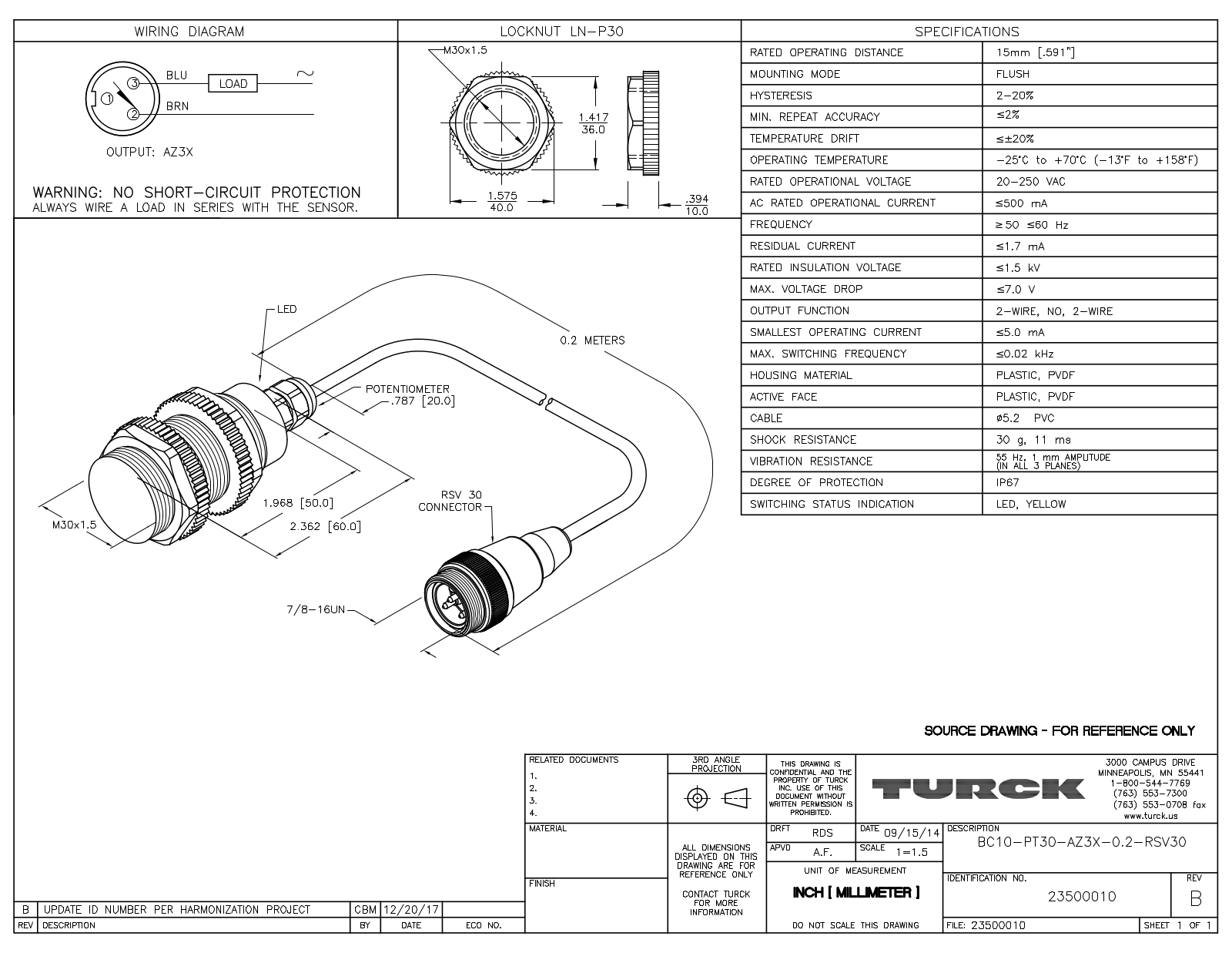 Turck BC10-PT30-AZ3X-0.2-RSV30 Data Sheet