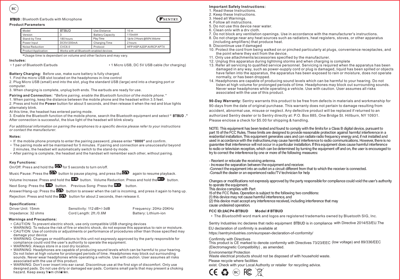 SENTRY BTBUD User Manual