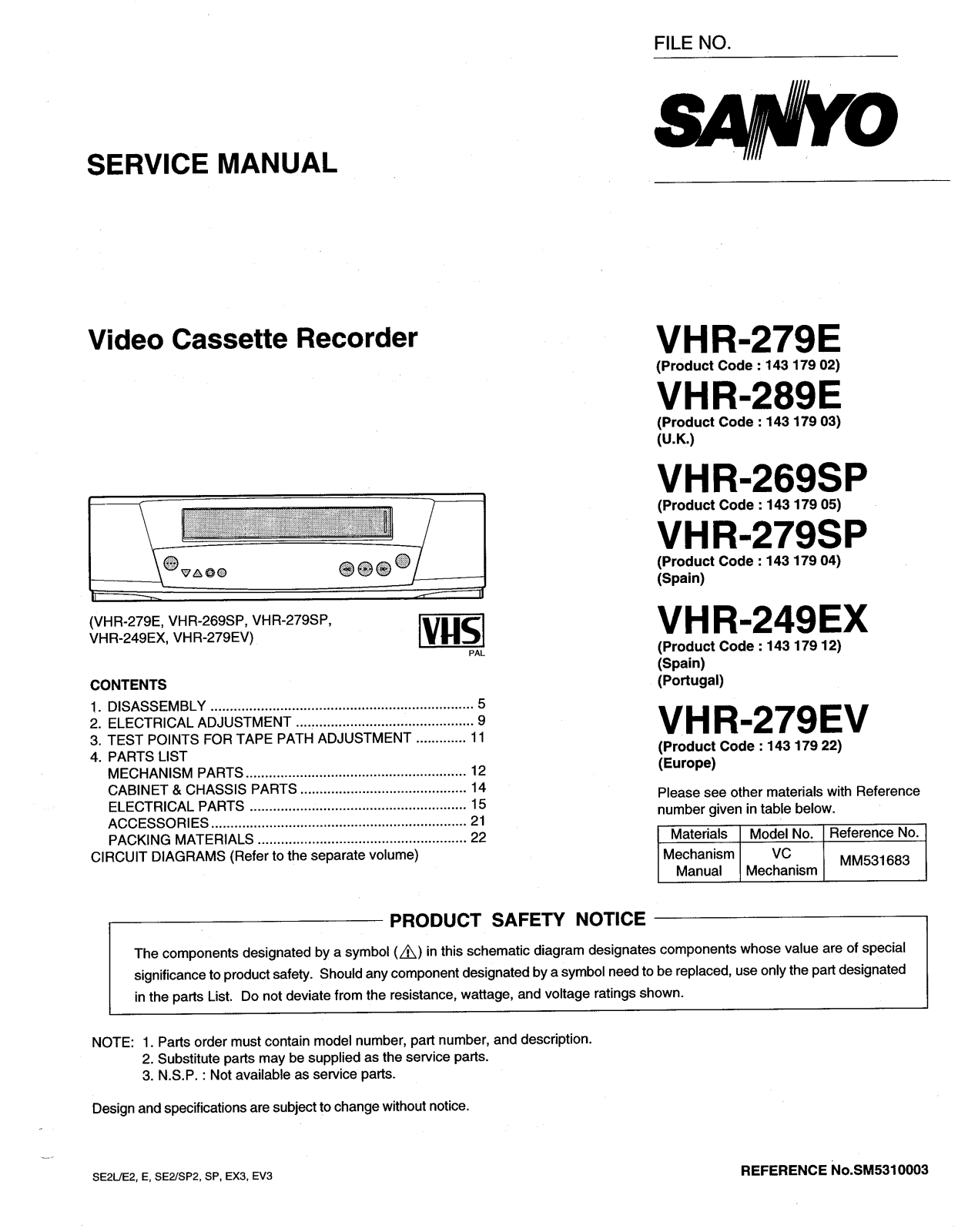 SANYO VHR-249, VHR-269, VHR-279, VHR-289 Service Manual