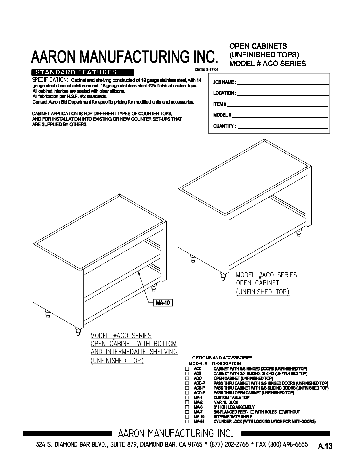 Aaron Manufacturing ACO-20120 User Manual