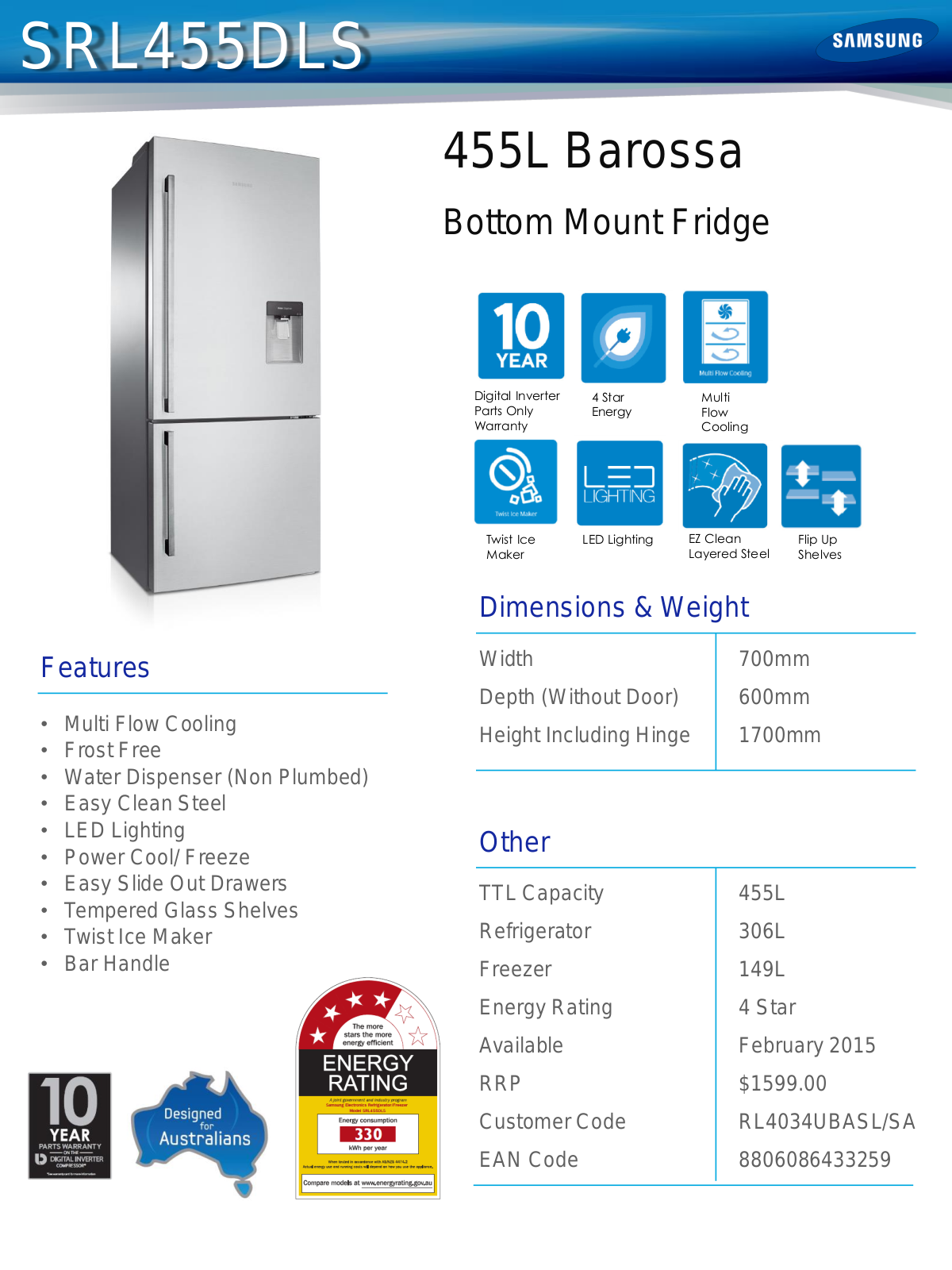 Samsung SRL455DLS Specifications Sheet