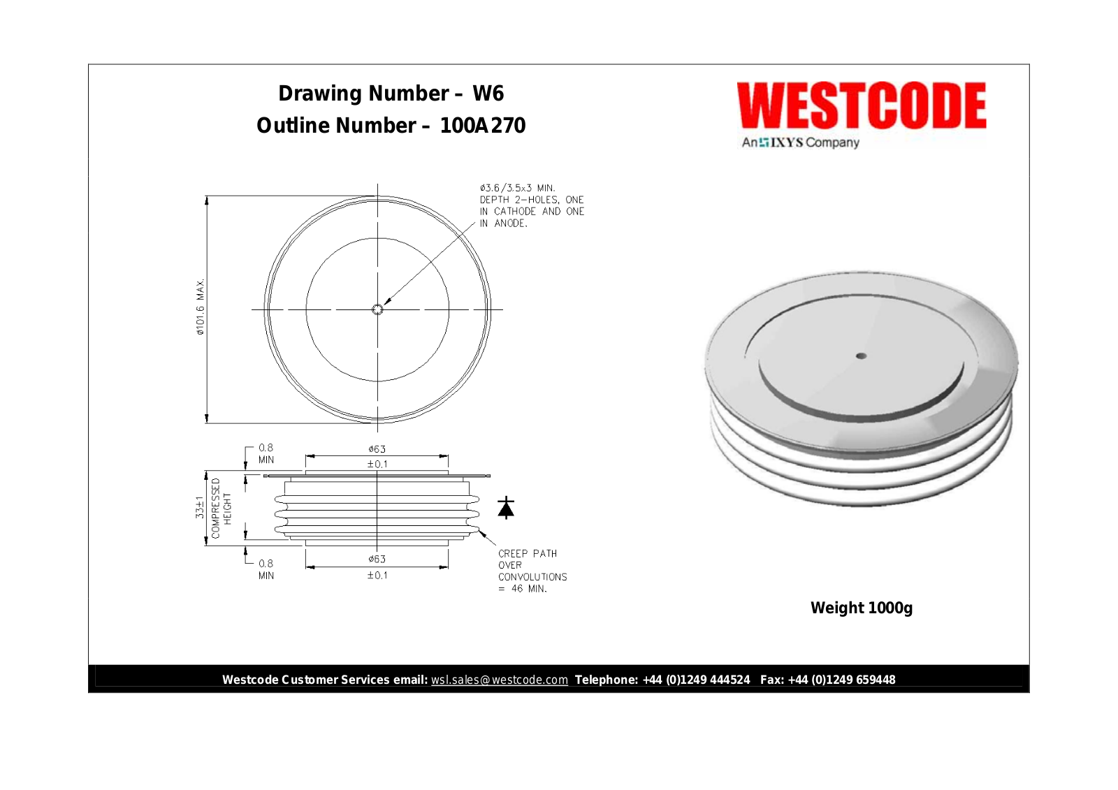 Westcode Semiconductors W6 100A270 Dimensional Sheet