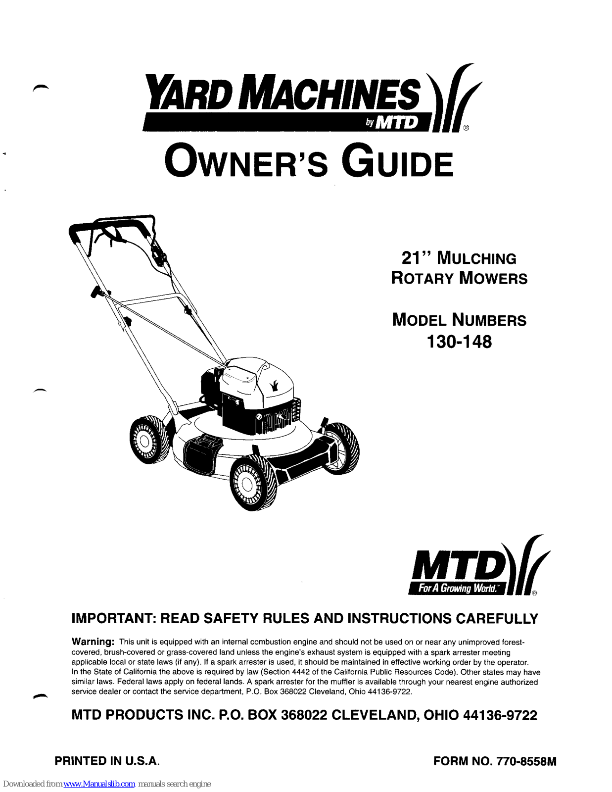 Yard Machines 130, 148 Owner's Manual