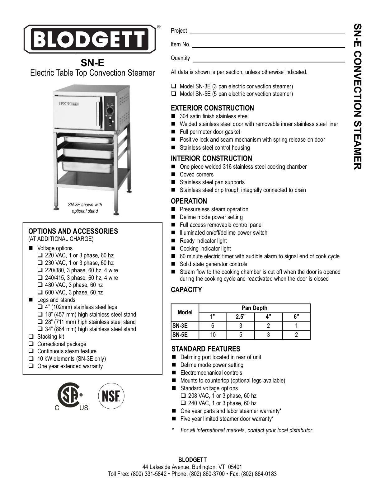 Blodgett SN-E Specifications