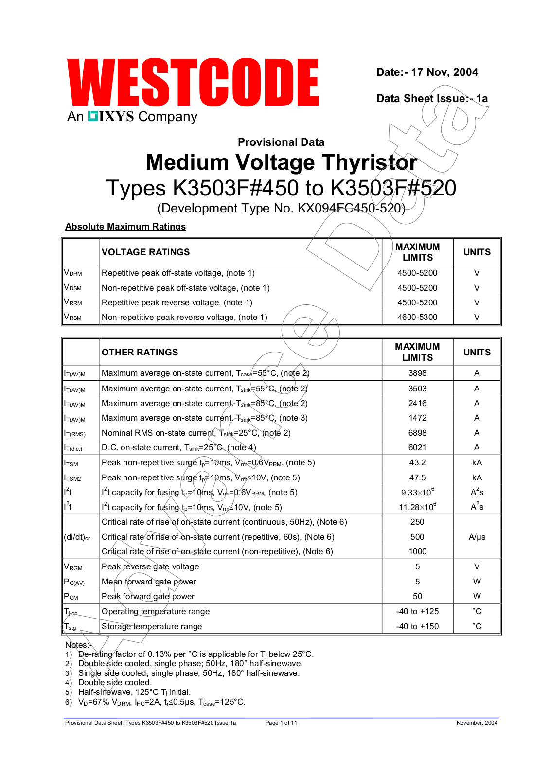 Westcode Semiconductors K3503F#450, K3503F#520 Data Sheet