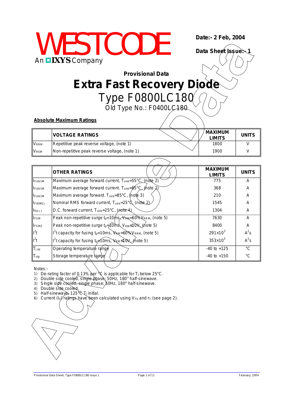 Westcode Semiconductors F0800LC180 Data Sheet