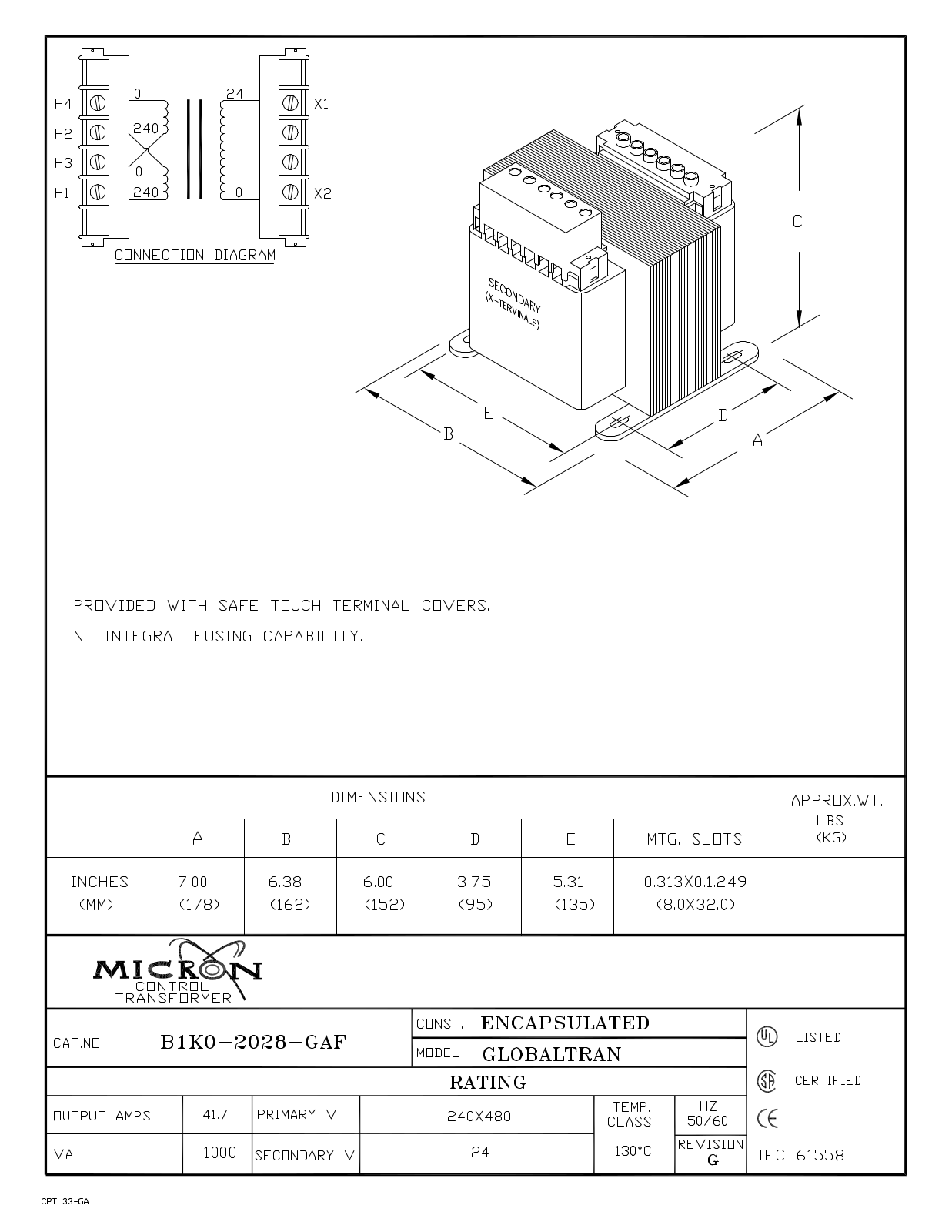 Micron Industries B1K0-2028-GAF Specification Sheet