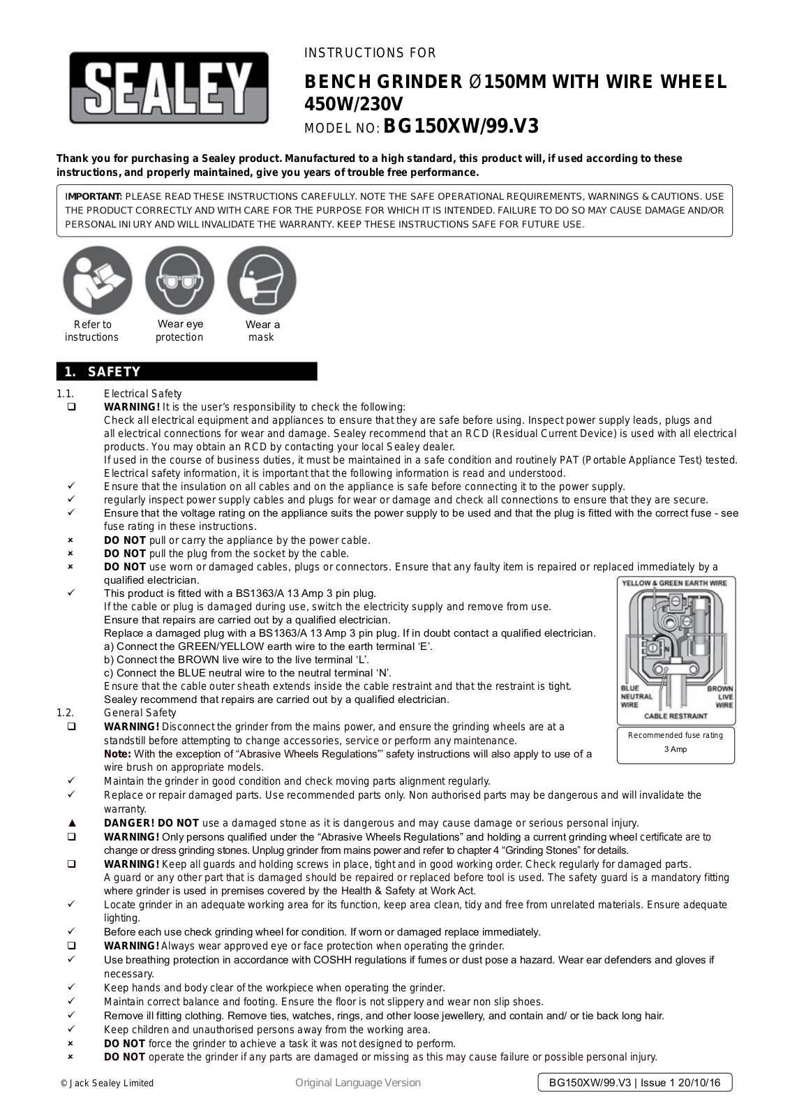 Sealey Bg150Xw/99.V3 Instruction Booklet