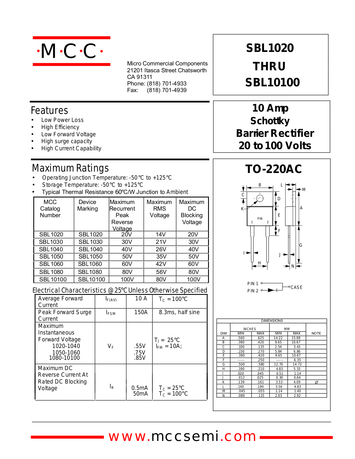 MCC SB10100, SB1030, SB1020, SB1040, SB1080 Datasheet