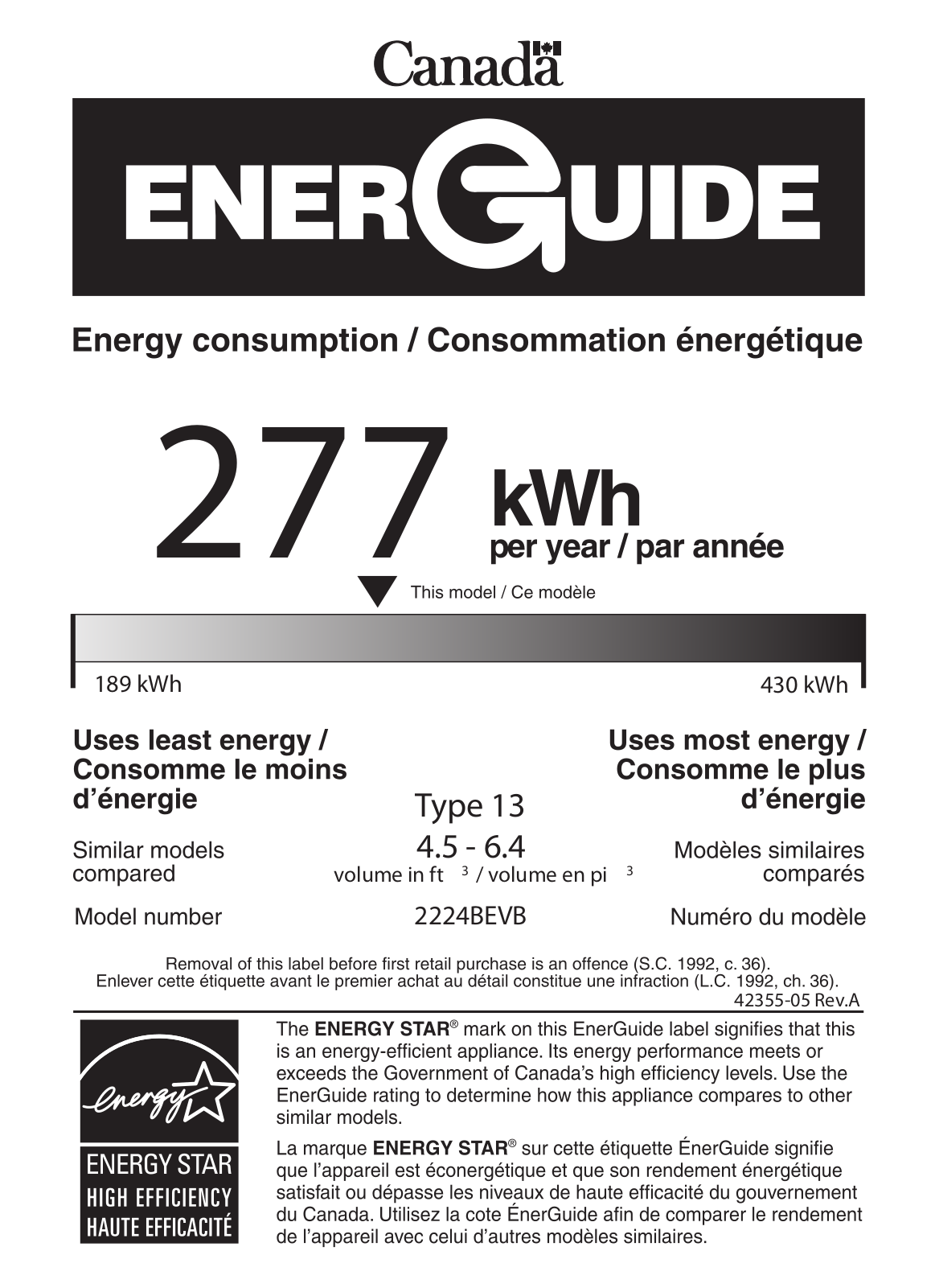 U-line U2224BEVS00B Energy Guide