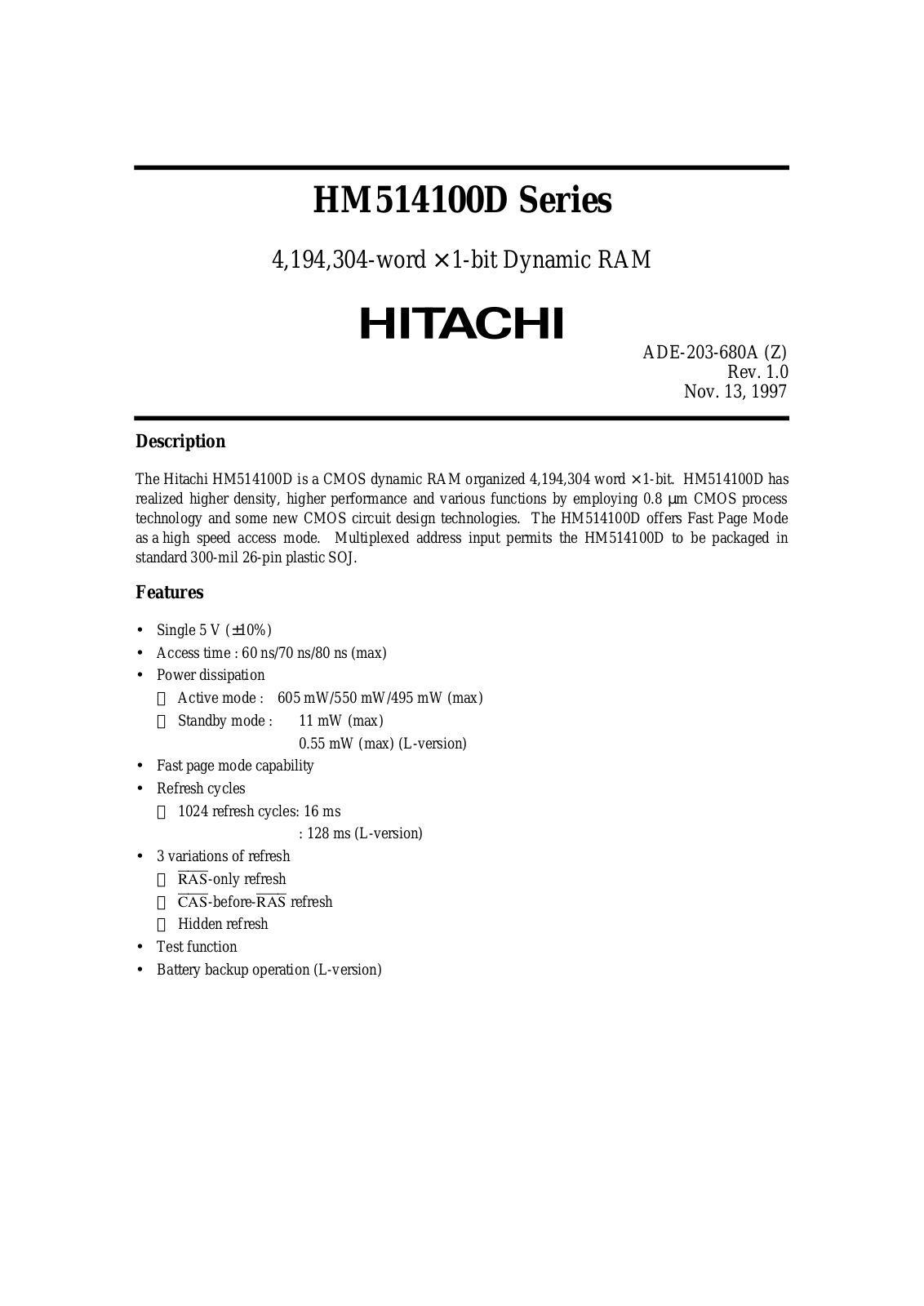 HIT HM514100DLS-6, HM514100DLS-7, HM514100DLS-8, HM514100DS-6, HM514100DS-7 Datasheet