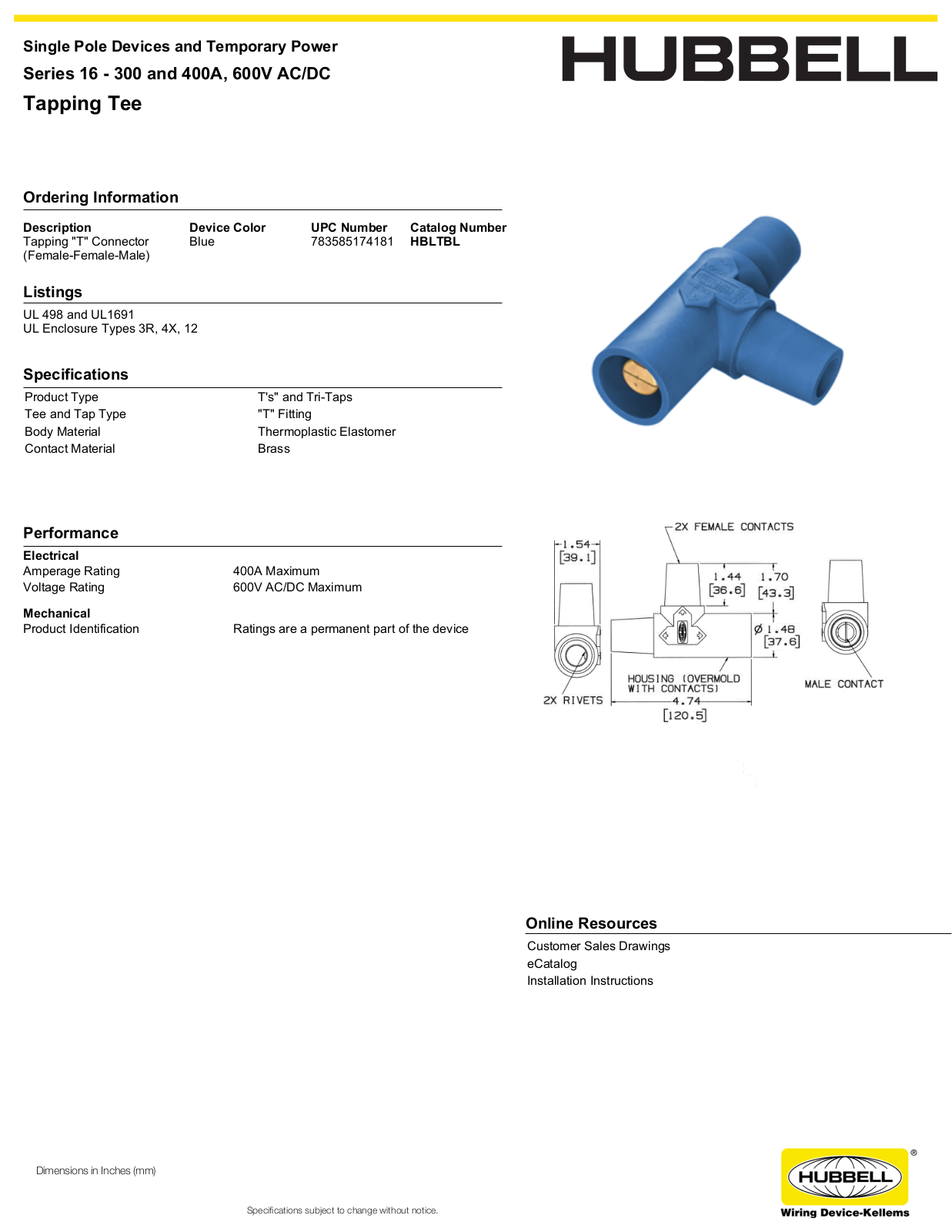 Hubbell HBLTBL Specifications