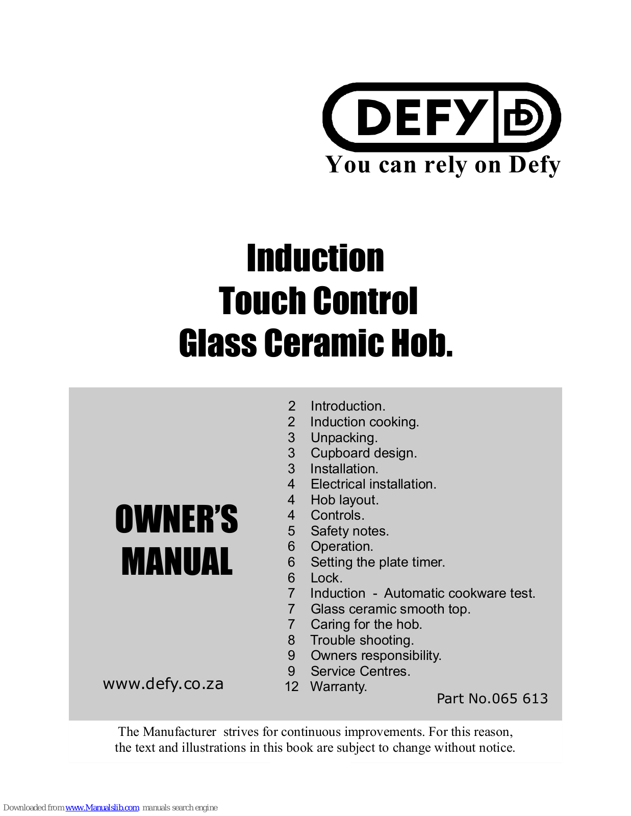 Defy TOUCH CONTROL INDUCTION HOB, INDUCTION TOUCH CONTROL GLASS CERAMIC HOB Owner's Manual