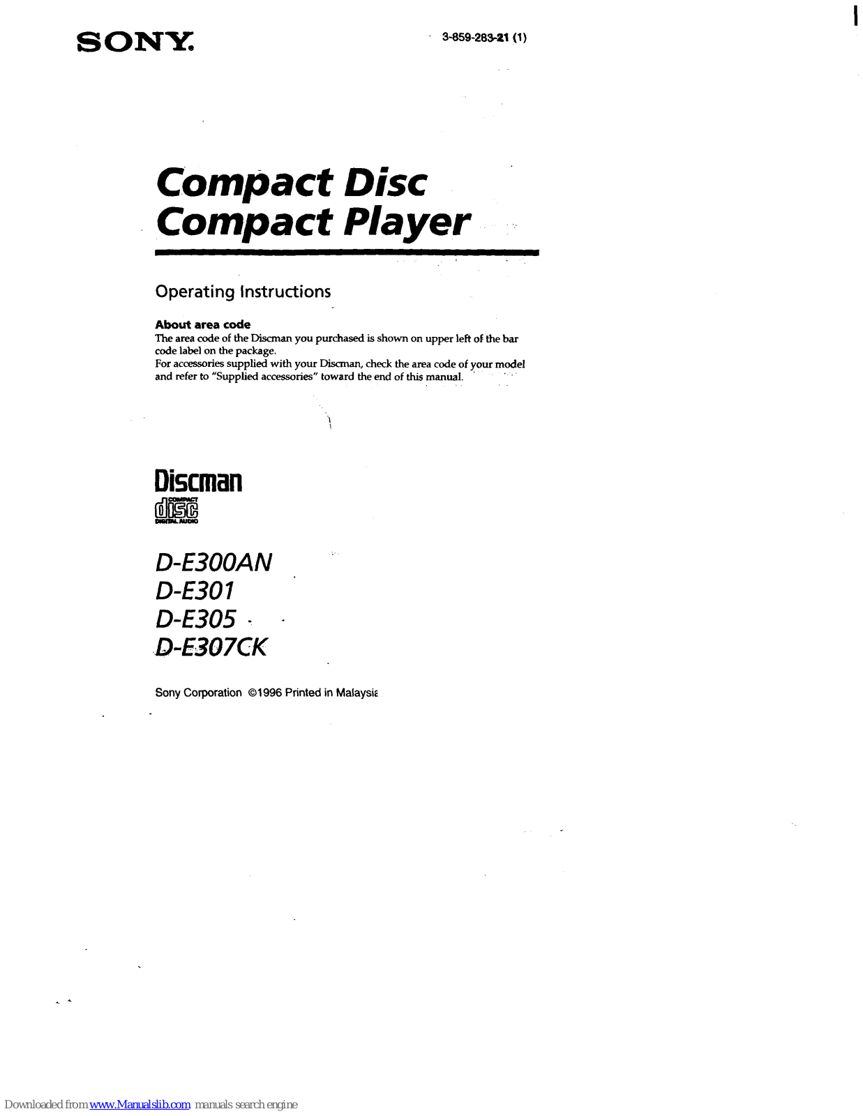 Sony Discman D-E307CK, Discman D-E300AN, Discman D-E301, Discman D-E305 Operating Instructions Manual