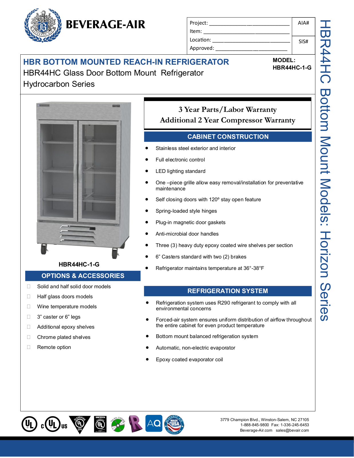 Beverage-Air HBR44HC1G Specifications