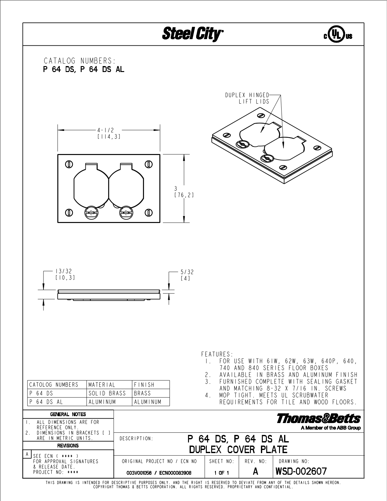 Thomas & Betts P 64 DS, P 64 DS AL Reference Drawing - ManualMachine.com