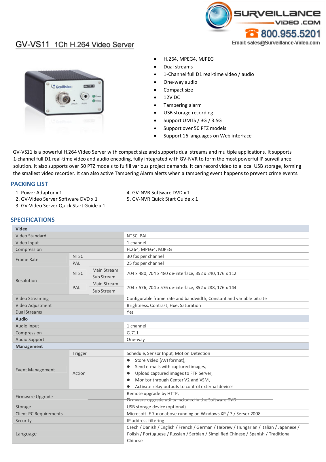 Geovision GV‐VS11 Specsheet