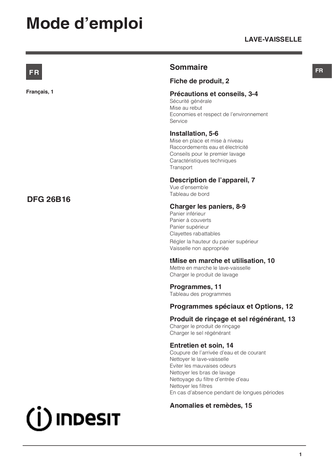 INDESIT DFG26B16NX FR User Manual