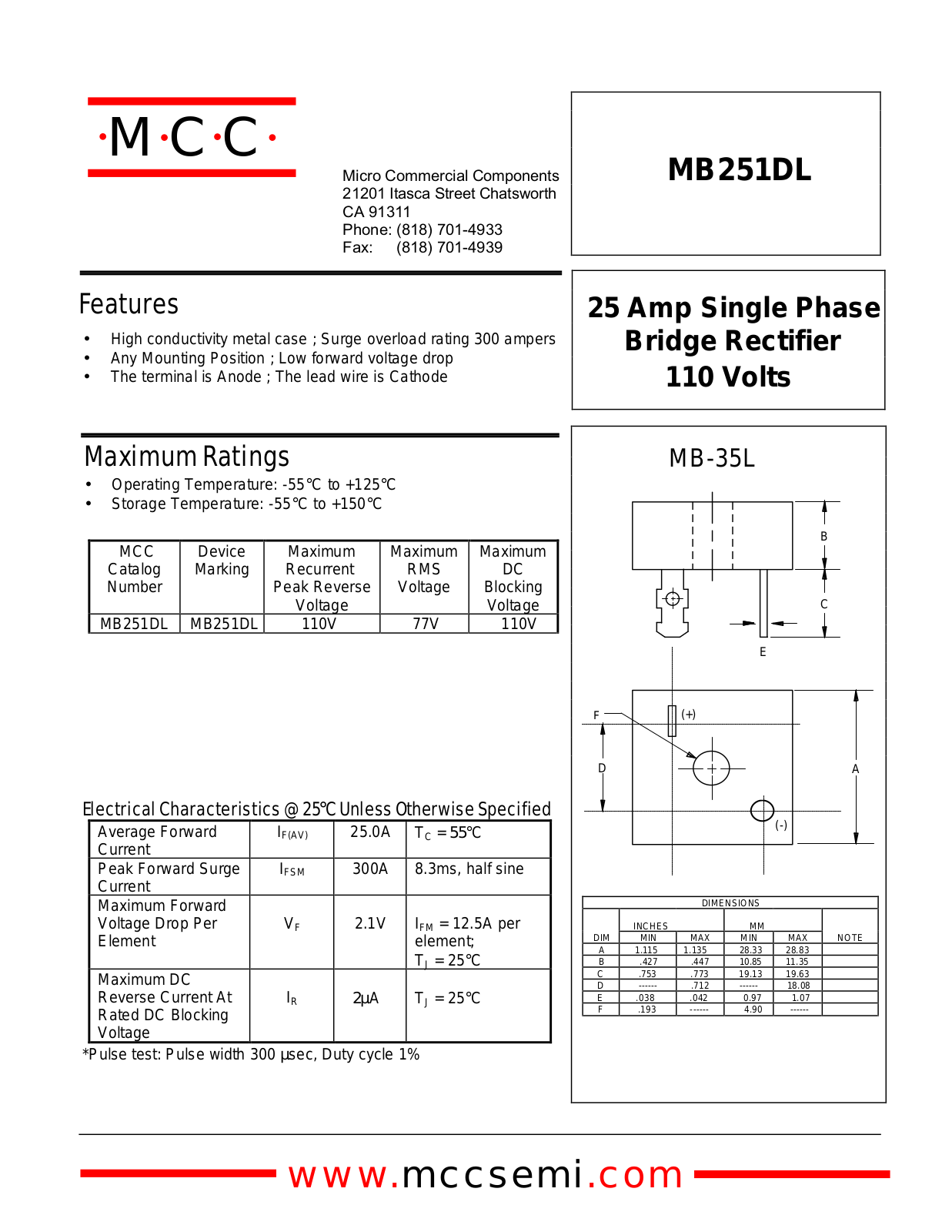 MCC MB251DL Datasheet