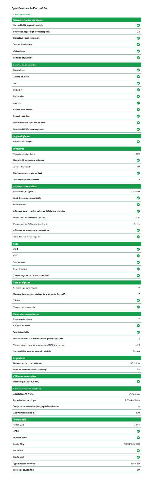 Doro 6030 product sheet