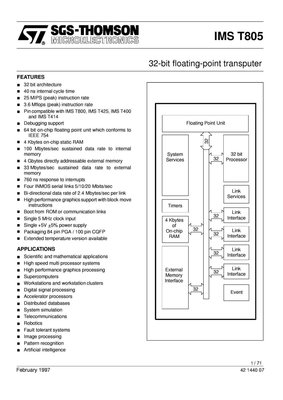 SGS Thomson Microelectronics IMST805-G25S, IMST805-F25S Datasheet