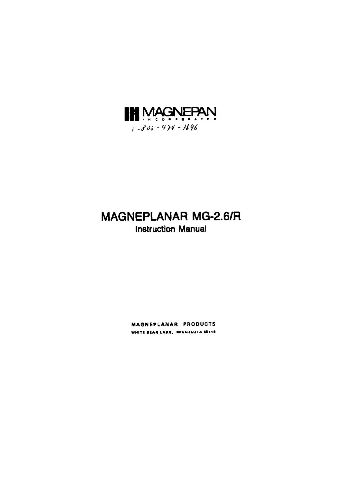 Magnepan MG-2.6-R Owners manual