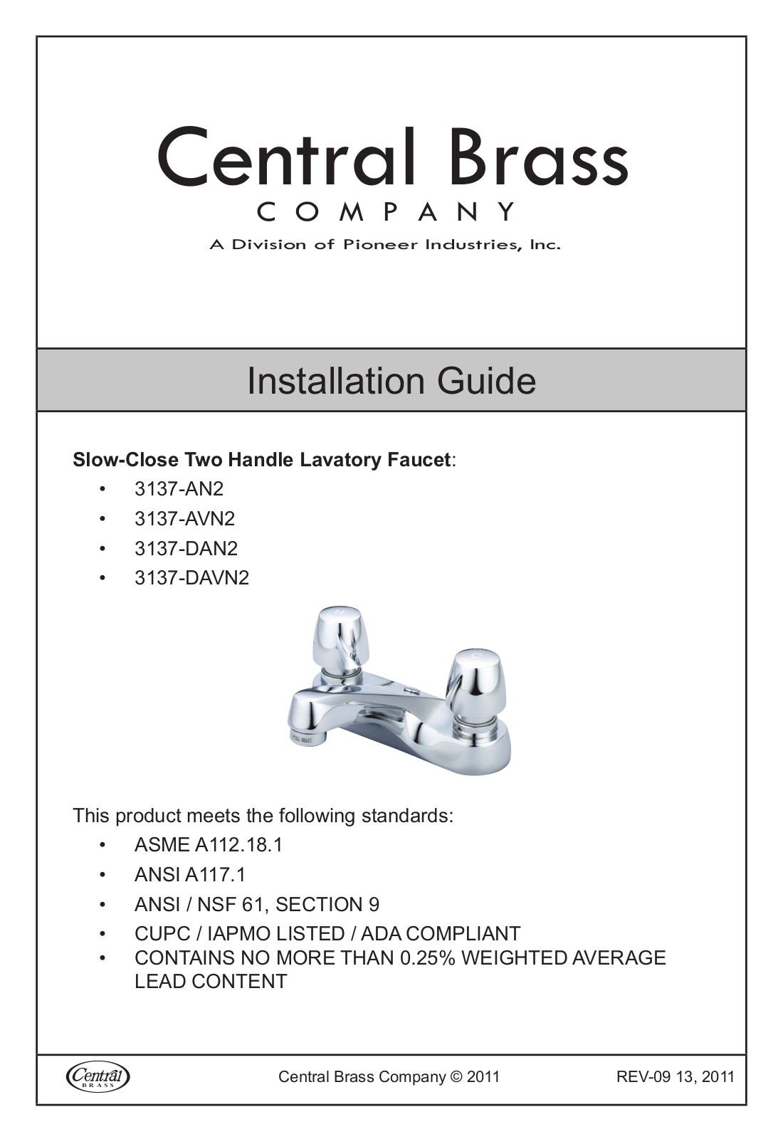 CENTRAL BRASS 3137-AN2 Installation  Manual