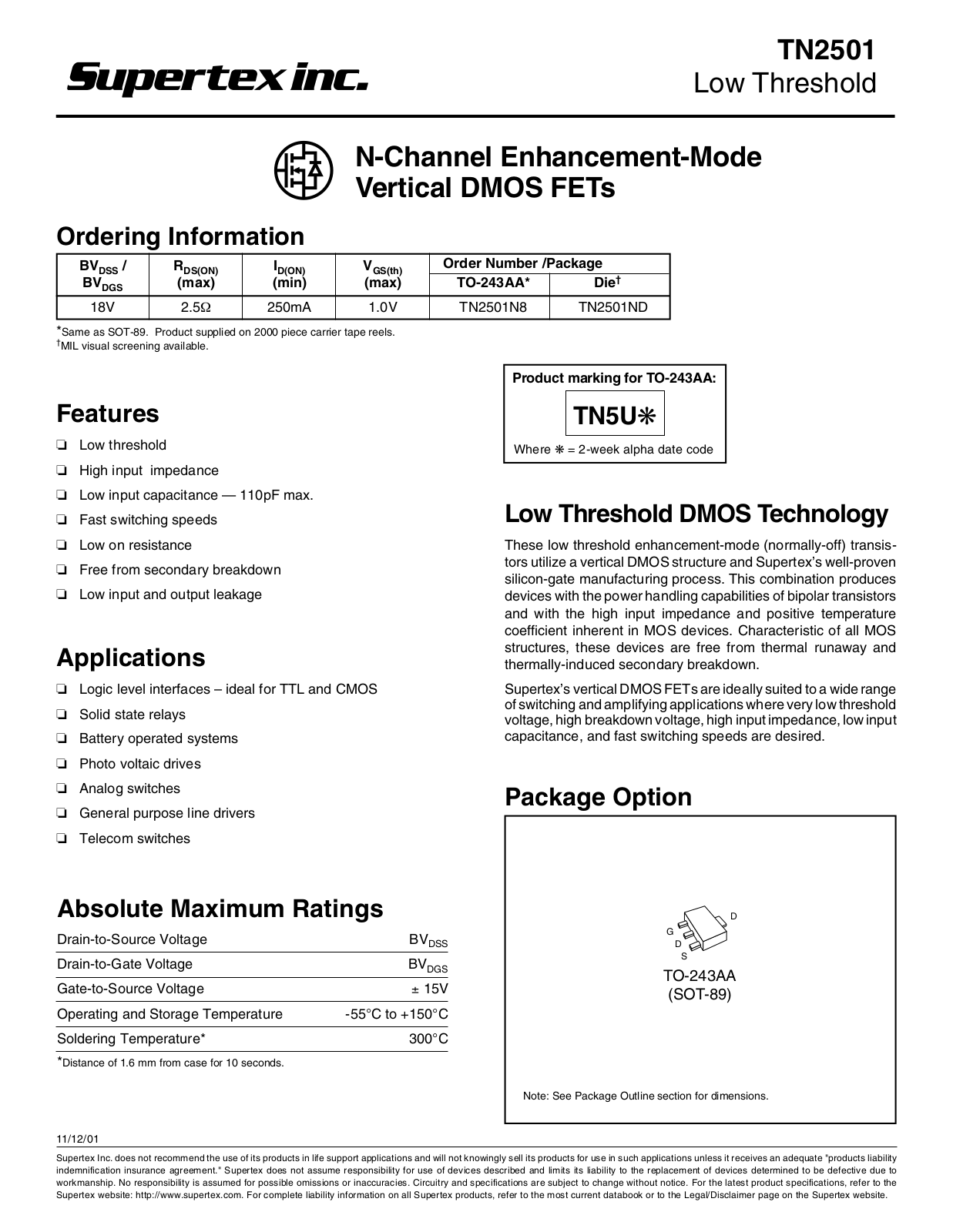 Datasheet TN2501ND, TN2501N8 Datasheet (Supertex) - ManualMachine.com