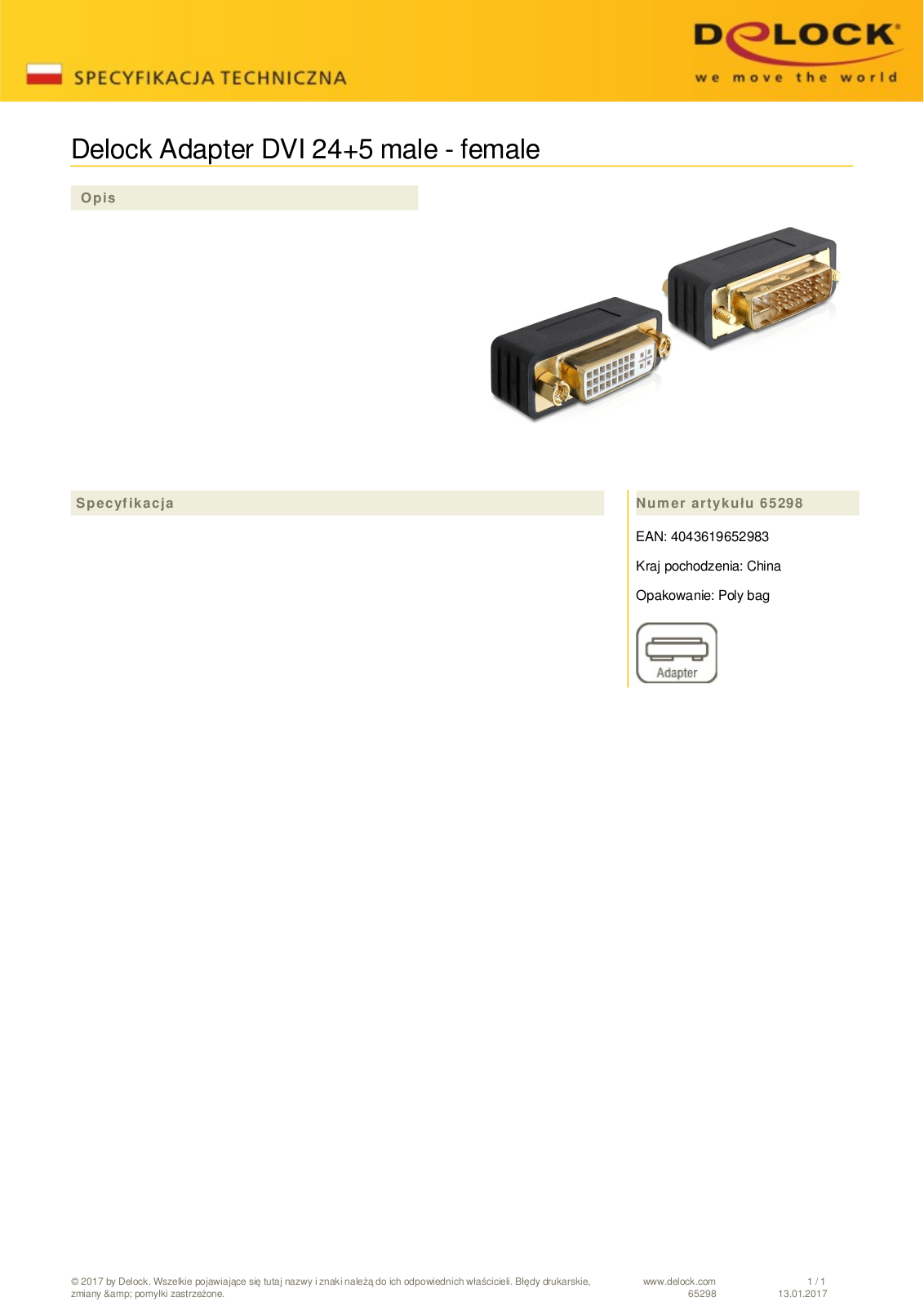 DeLOCK DVI  plug  on DVI  socket  adapter User Manual